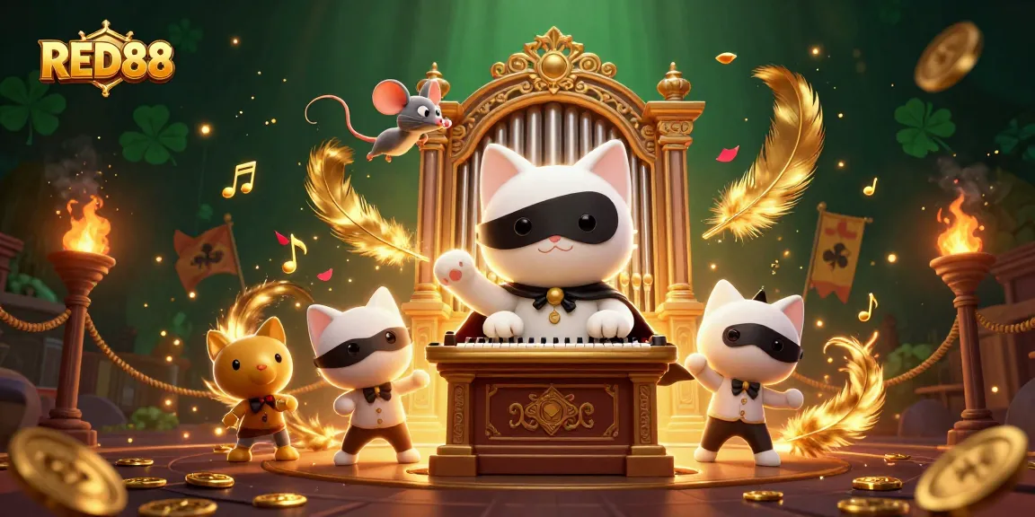 Engage with RED88 in a vibrant casino scene featuring an enchanting cat, acrobat, and golden elements.