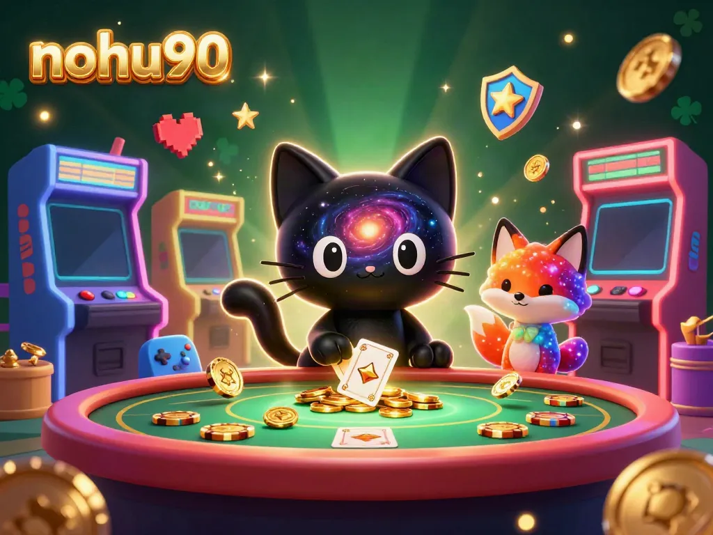 Engage with nohu90 at a cosmic casino table featuring a black hole cat and nebula fox amidst vibrant gaming elements.