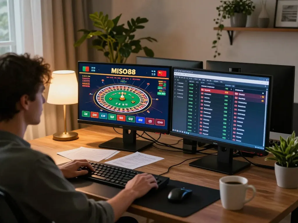 MISO88 user engaged in online gambling strategy at a sleek gaming setup, showcasing vibrant casino interfaces and sports odds.