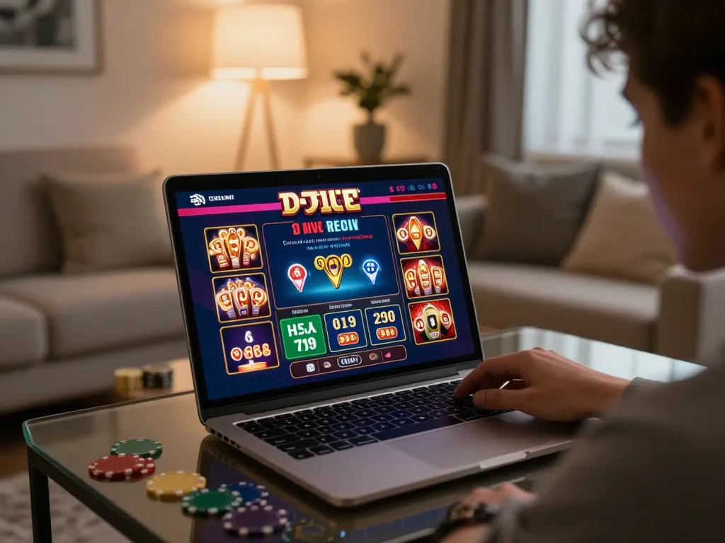 Player exploring online casino games on gen88h using a laptop in cozy home setting.
