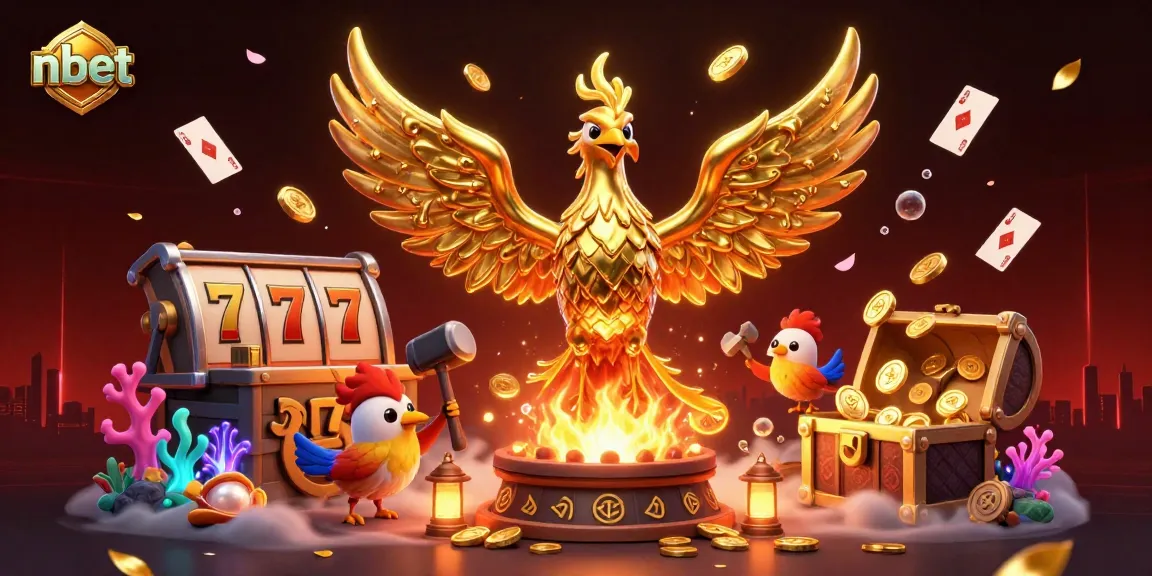 Experience the magic of nbet with the golden phoenix soaring amidst a dynamic casino world.