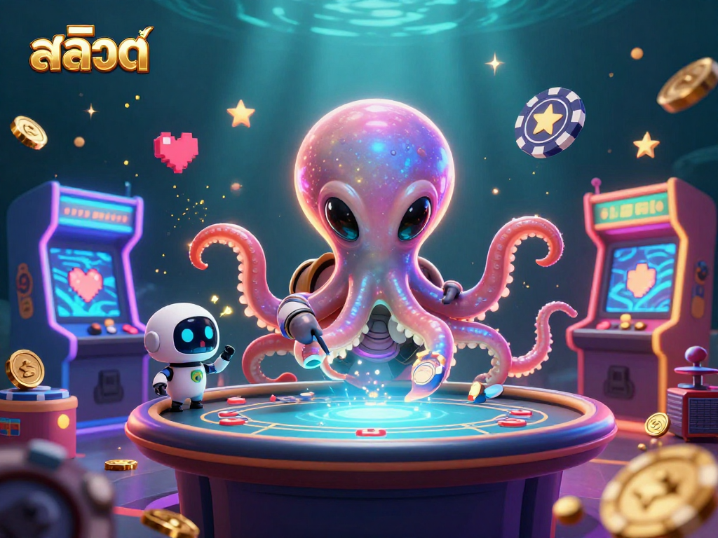 Experience exciting สล็อต gameplay with alien octopus and robotic companion at a vibrant poker table.