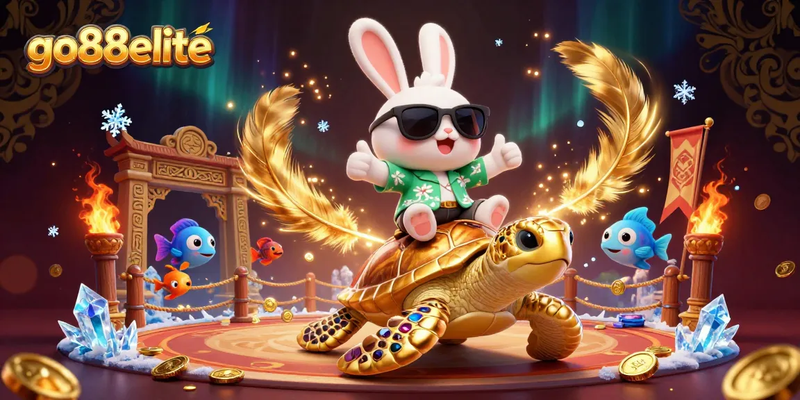 Join the fun at go88elite with a lucky rabbit and a golden sea turtle in a vibrant casino scene!