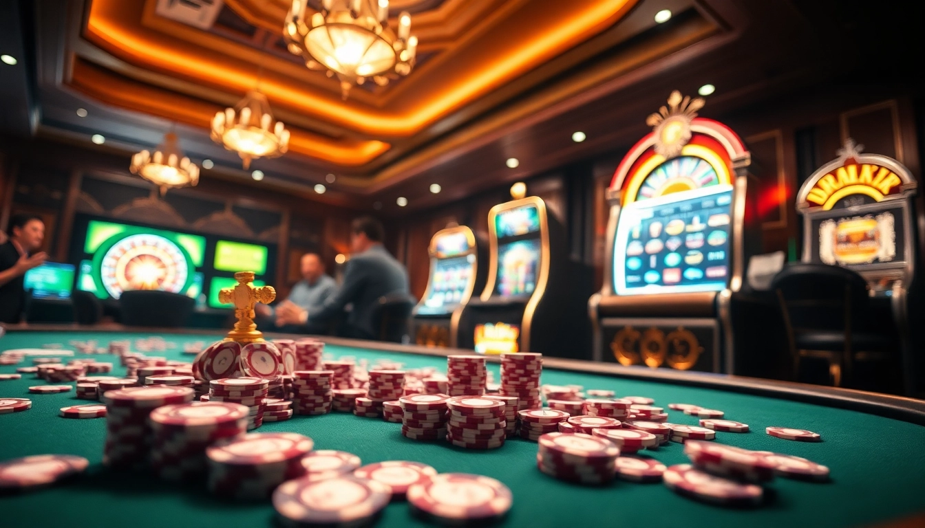 Exciting gambling experience at https://9bet89.com/ with vibrant casino tables and poker chips.