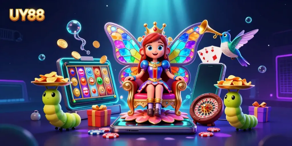 Experience UY88 with a vibrant casino scene including a butterfly queen and detailed gaming elements.