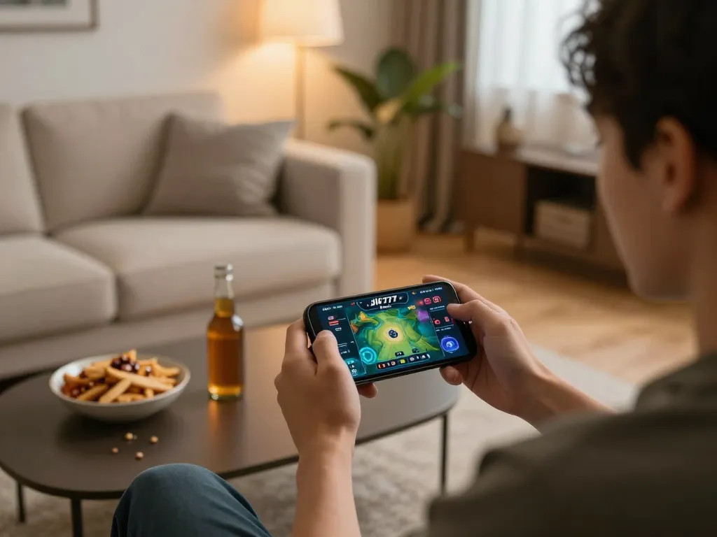 Engaging with Jili777 Rest app on a smartphone at home for strategic online gaming.