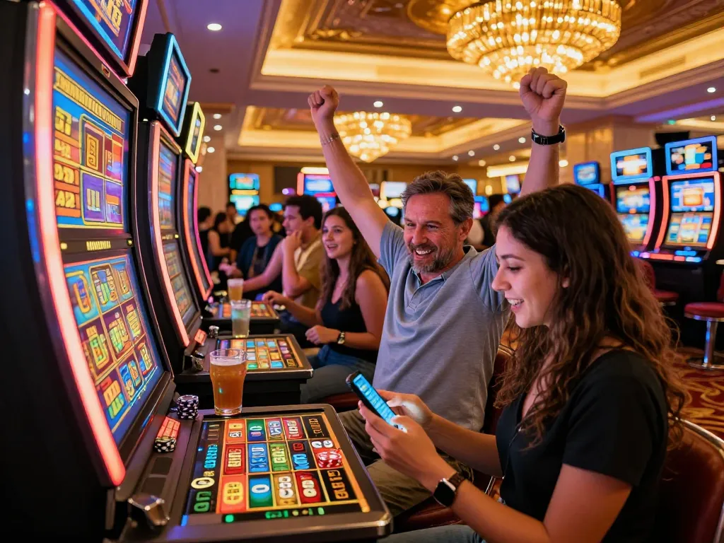 Players enjoying the Lucky 88 slot machine at a vibrant casino, celebrating wins and vibrant atmosphere.