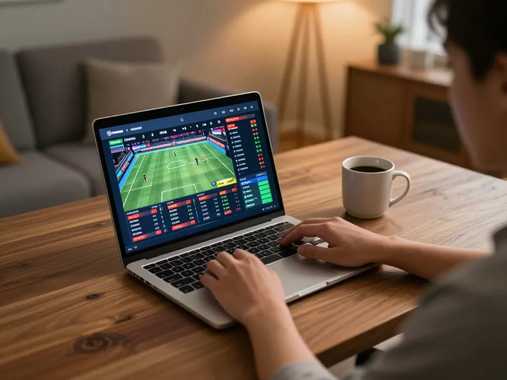 Engaging in online sports betting at home, link vào fly88 visible on the laptop screen.