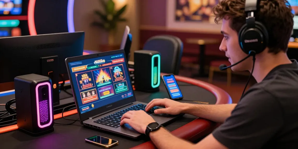 Playing on credit card casinos, showcasing vibrant games and engaging gaming setup.