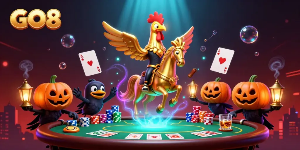 GO8 showcases a golden rooster with glowing head gambling amidst vibrant casino elements.