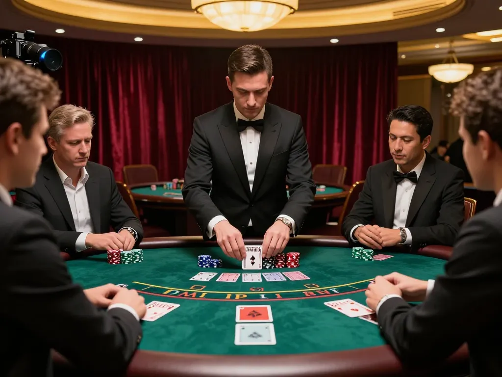 Players experiencing SC88 Power Blackjack at a luxury casino table with dealer and chips in focus.