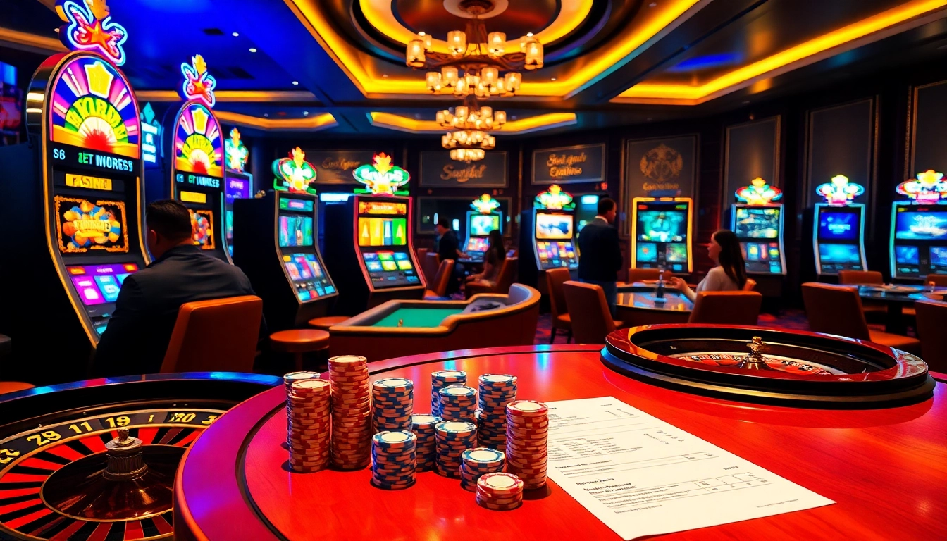 Players enjoying the NK88 game experience with vibrant slot machines and poker chips.