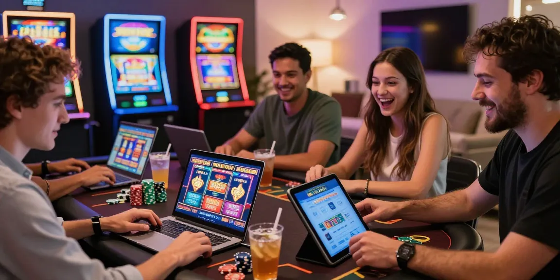 Enthusiastic players exploring credit card casinos on a laptop, surrounded by gaming elements, reflecting excitement and engagement.