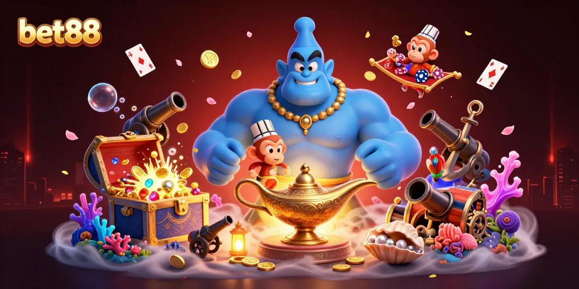 Experience bet88 magic with a blue genie, monkey, and lively casino elements in vibrant 3D art.