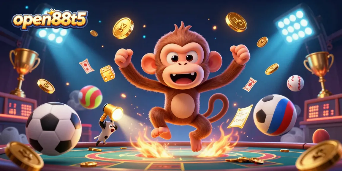 Engage in thrilling gameplay with open88t5 at this lively casino scene featuring a mischievous monkey.