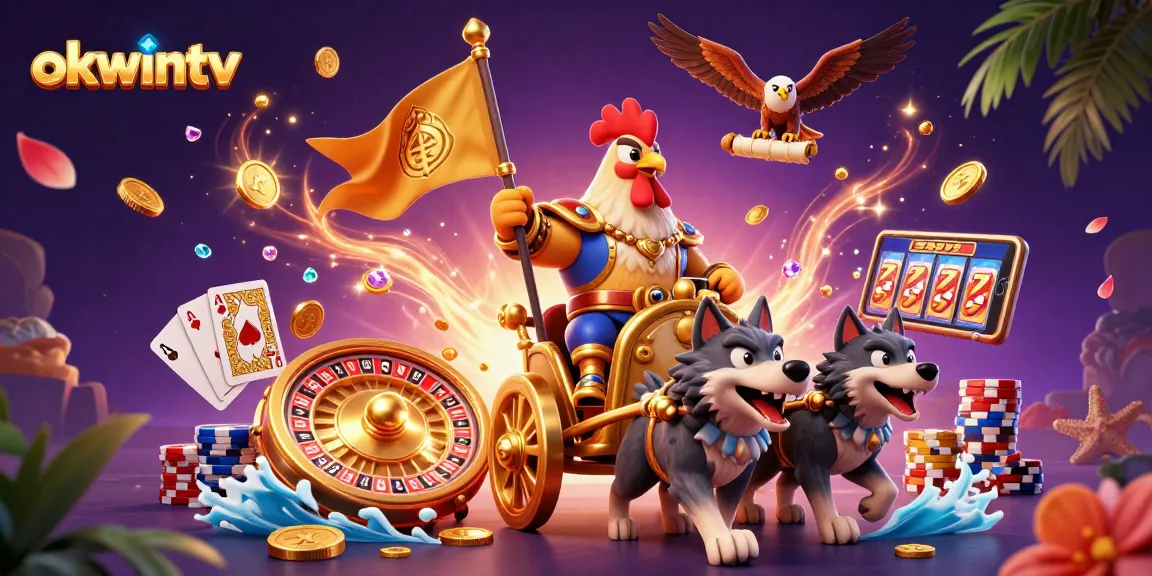 Experience thrilling live betting with okwintv, showcased by a majestic rooster warlord and gambling elements.