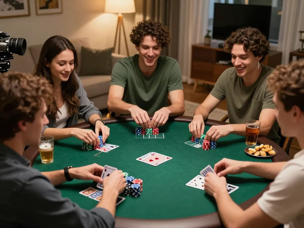 Group of friends enjoying a poker night at home, showcasing strategic gameplay and camaraderie with lively expressions.