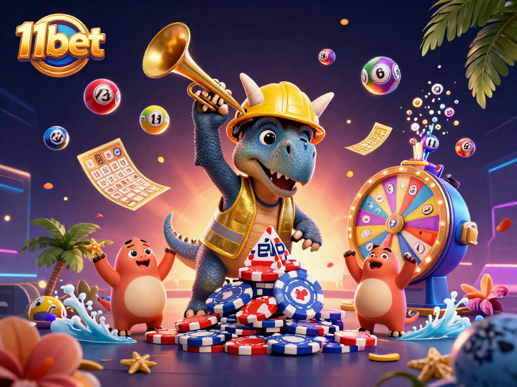 Get ready to win exciting prizes in the thrilling world of 11bet with cartoon characters celebrating casino fun!