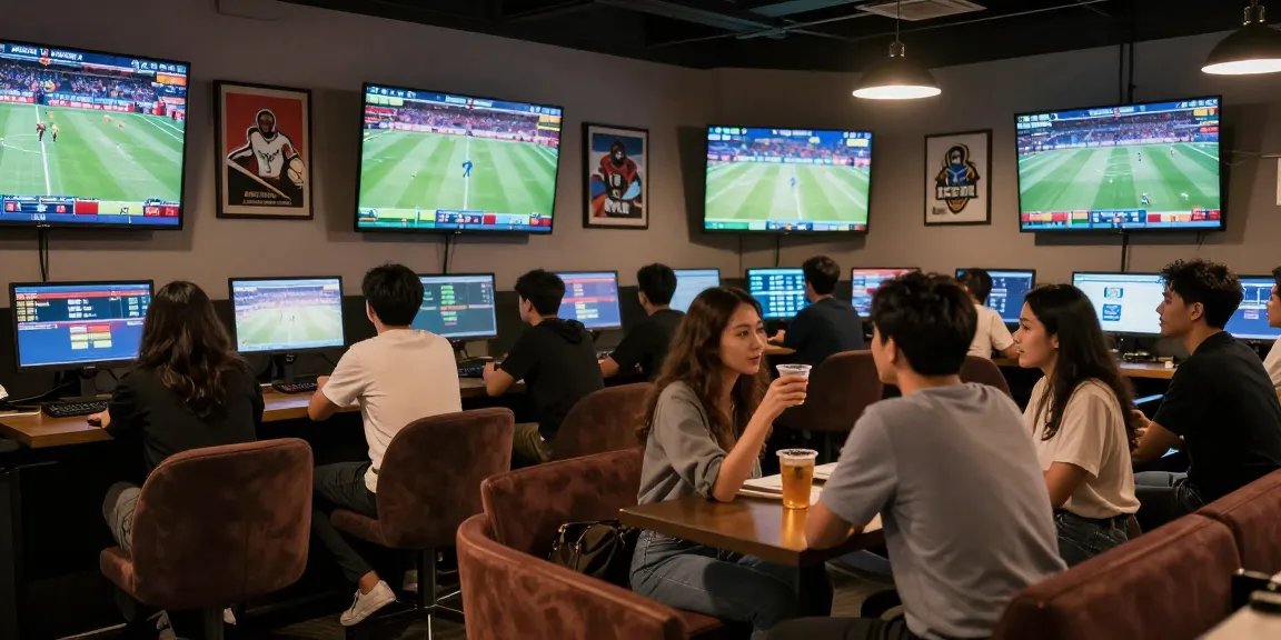 Sports enthusiasts enjoying the betting experience at https://red88m7.com with live event displays and a vibrant atmosphere.