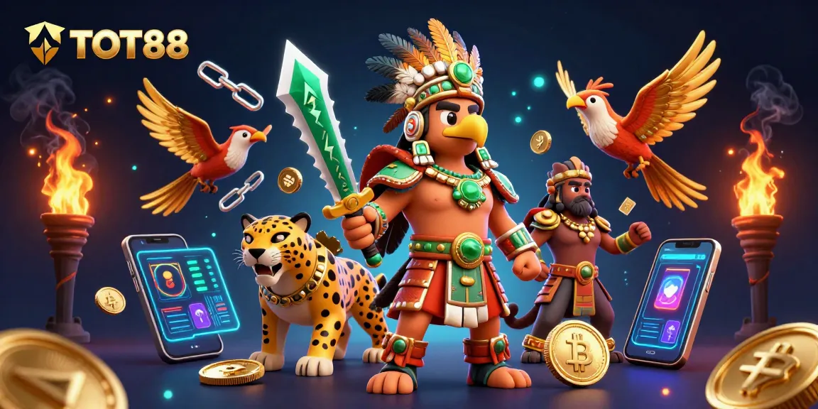 TOT88 dynamic scene featuring Aztec characters with cryptocurrency elements and vibrant effects.