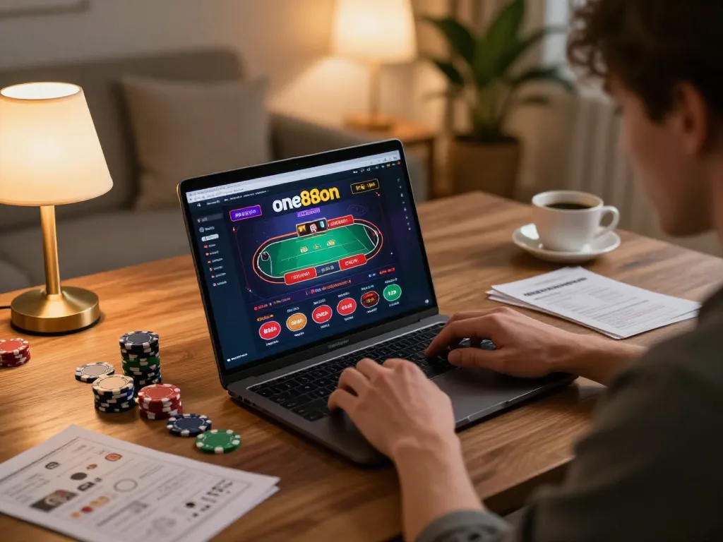 Engaged player strategizing on one88on gaming interface with cozy home setup.