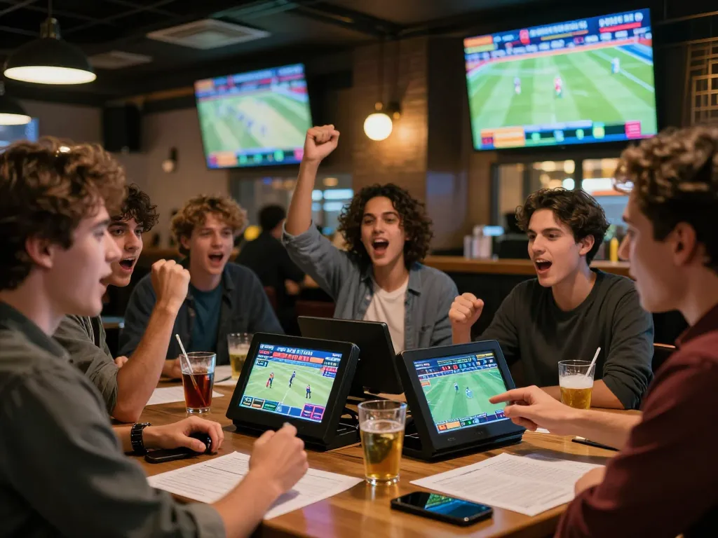 Engaging in dynamic sports betting at a lively venue while analyzing odds, reflecting the essence of keo bong da truc tuyen.
