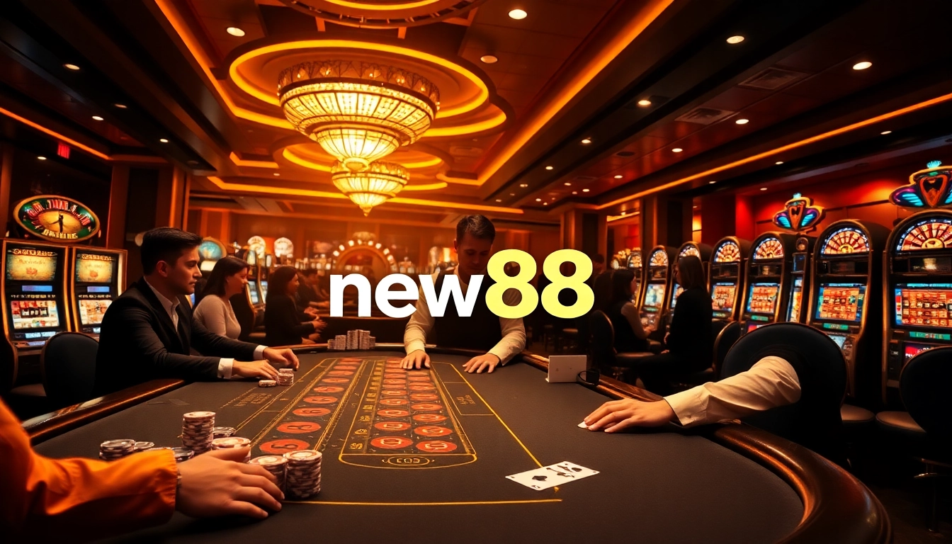 Experience the excitement of gambling at new88 with a vibrant casino scene displaying tables and players.