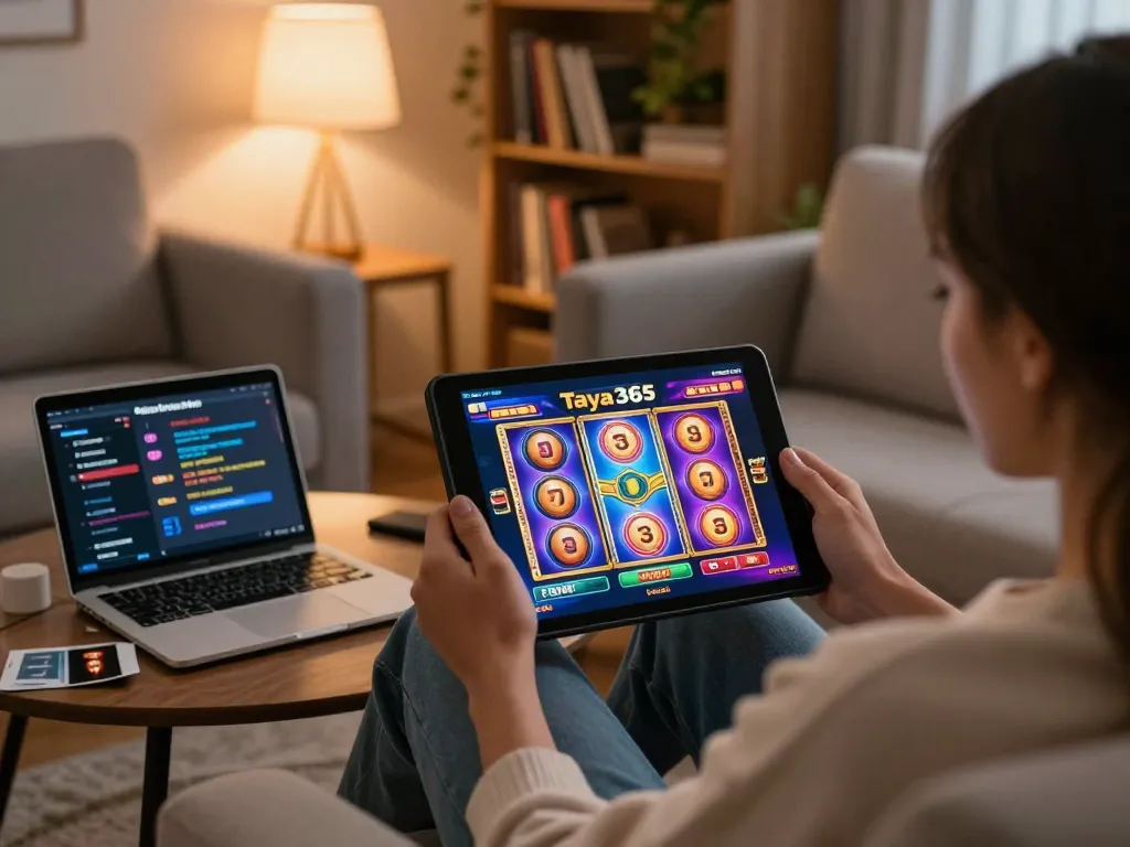 Player enjoying slots at https://taya365.ink/ from a cozy home setup, showcasing a tablet with vibrant game display.