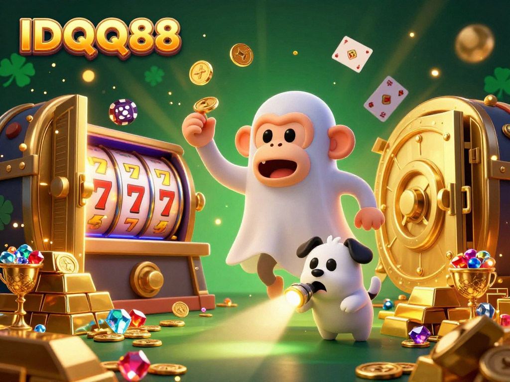 IDQQ88 players enjoy a thrilling casino adventure with a mischievous monkey juggler amidst golden treasures.