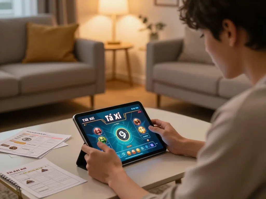 Engaging in app tài xỉu online at home on a tablet with betting notes nearby.