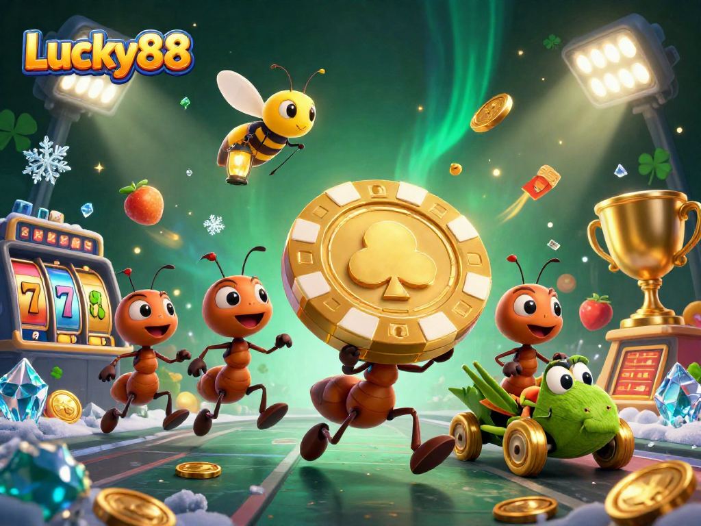 Experience the excitement of Lucky88 with cartoon ants in a heist, golden chips, and energetic gambling elements.
