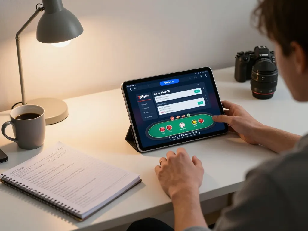 Engaging in online gambling with 789win đăng nhập on a tablet, showcasing a player's betting strategies and cozy home setup.