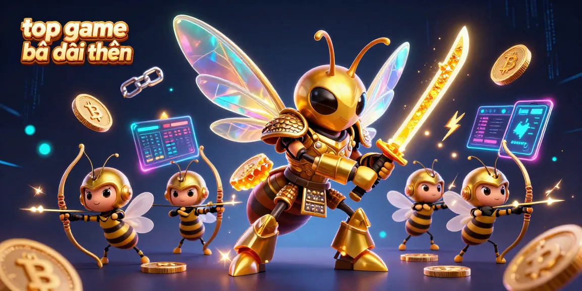 Experience the thrill of top game bài đổi thưởng with a vibrant illustration of a golden hornet samurai amidst crypto elements.