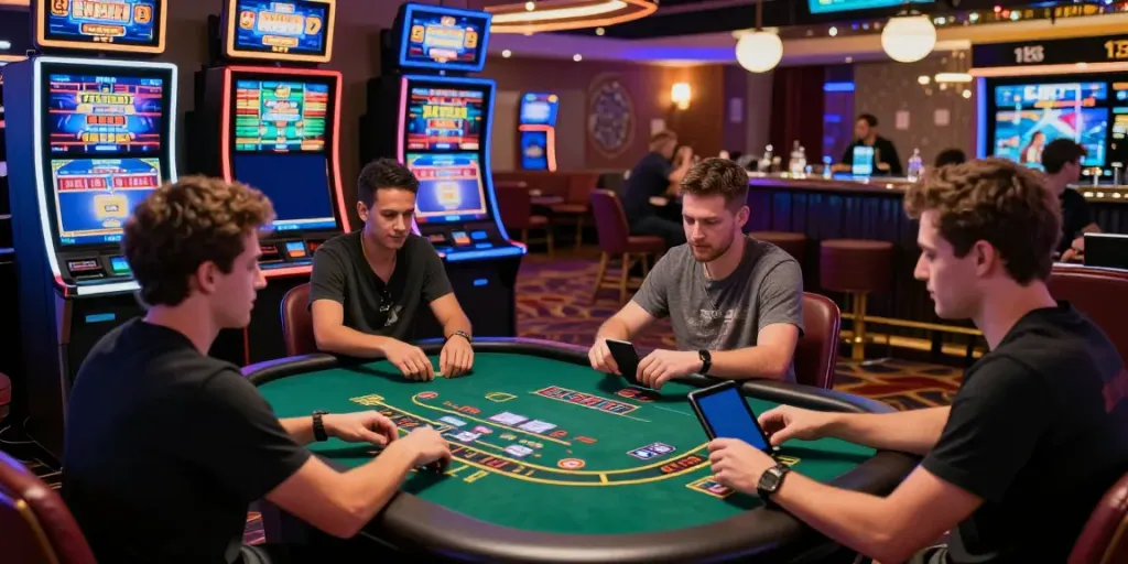 Exciting scene at credit card casinos with players engaged in live dealer games and slots.