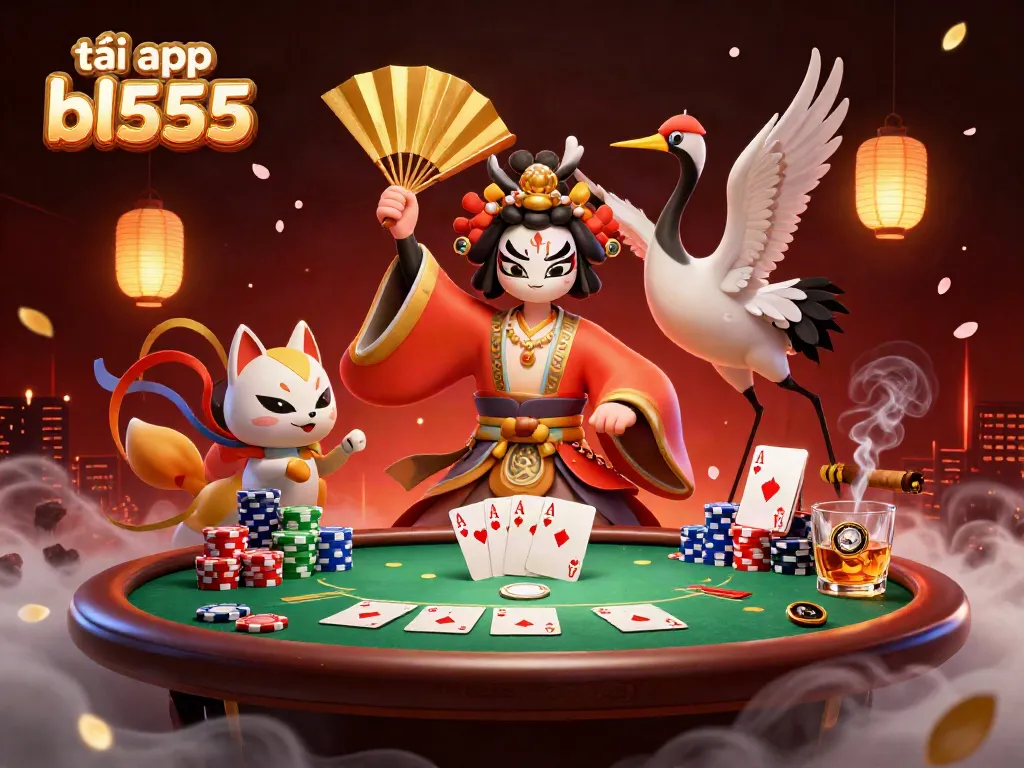 Engage with the vibrant scene featuring a kabuki warrior and kitsune mask, now inviting gamblers to tải app bl555.
