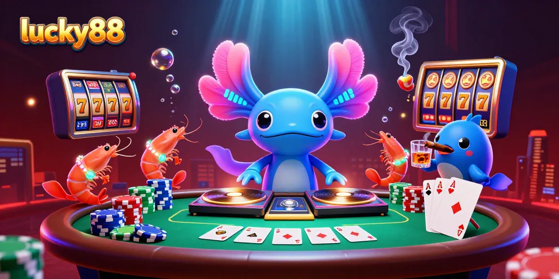 Experience luck and excitement in the vibrant lucky88 slot scene featuring a neon axolotl DJ.