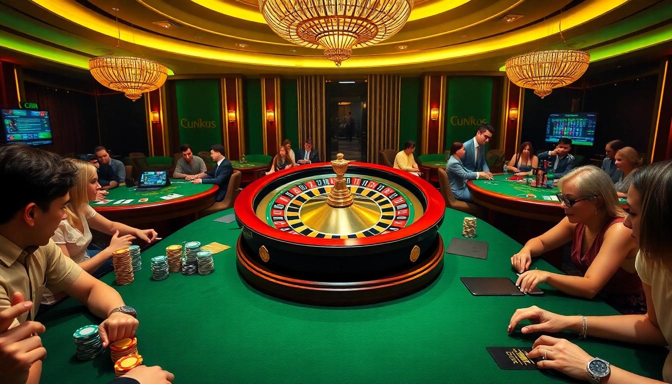 Players engaging in high-stakes gambling at a CM88 COM roulette table with vibrant decor and detailed casino elements.