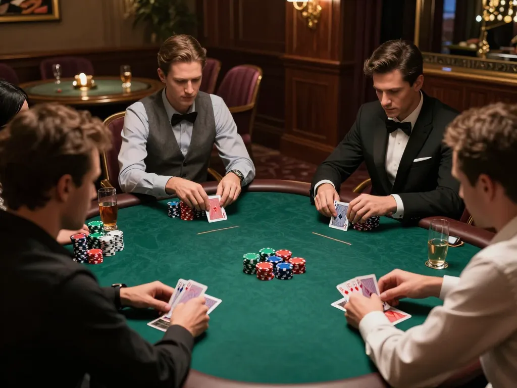 LLWIN players strategizing in an upscale private poker room, showcasing luxury gameplay atmosphere.