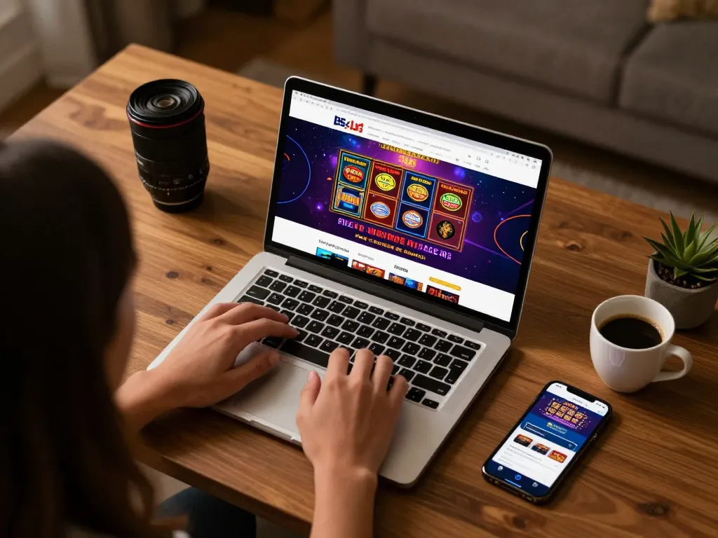 b52club online gaming setup with laptop displaying casino games and betting apps in cozy atmosphere