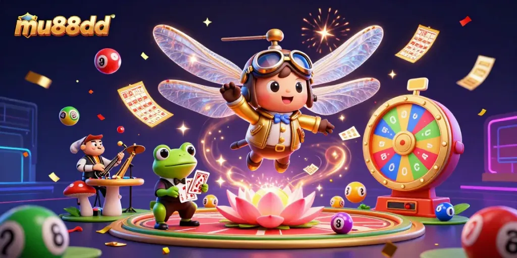Engage with mu88dd and experience thrilling casino gaming through a vibrant 3D illustration of a dragonfly pilot and lively casino atmosphere.