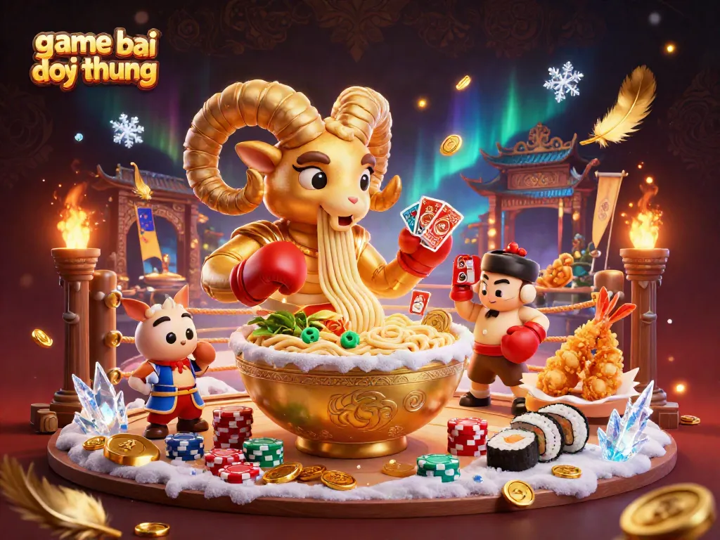 Engaging scene of game bai doi thuong with a giant golden ramen bowl character joyfully stacking chips and dealing cards amid cheering shrimp