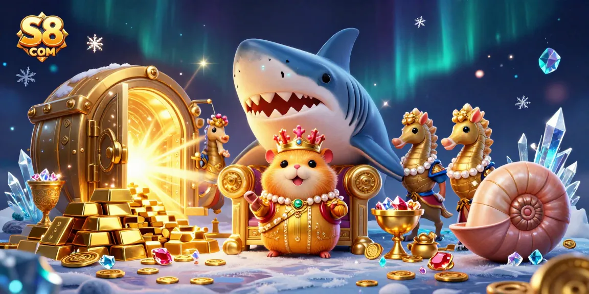 S8 COM showcases a tiny golden hamster king on a megalodon throne in a dynamic casino treasure scene.