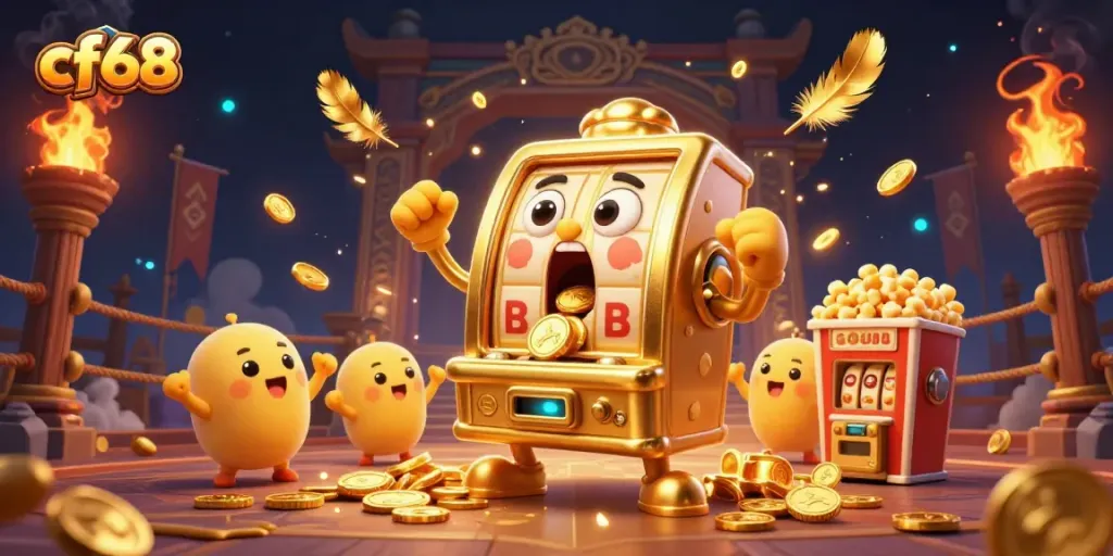 Experience the thrill of cf68 as a golden slot machine celebrates its jackpot with coins and joyful companions.