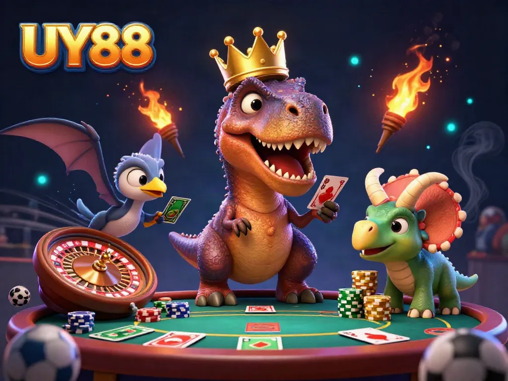 UY88 mang đến không gian cá cược hấp dẫn với T-Rex, chim pterodactyl hỗ trợ và triceratops trong trò chơi.