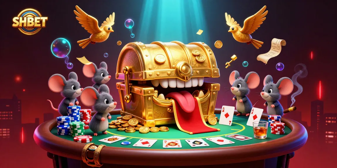 Engage with SHBET as adventurer mice are lured by golden treasures in a vibrant casino scene.