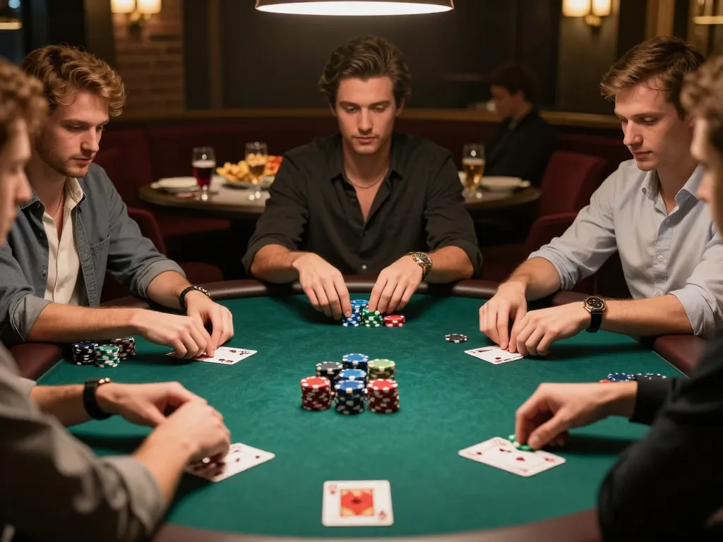 Players enjoying strategic gameplay at F168 poker night, showcasing chips and warm ambiance.