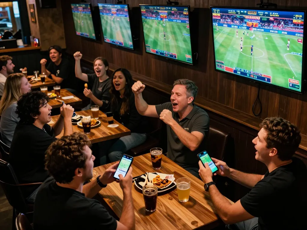 bong88v patrons engaging in sports betting at a lively sports bar while cheering for their teams