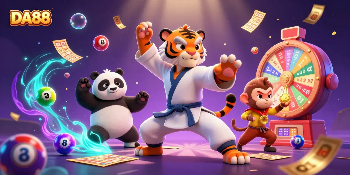 Win big at DA88 with a thrilling scene of a kung fu tiger, a panda, and a monkey amidst lottery excitement.