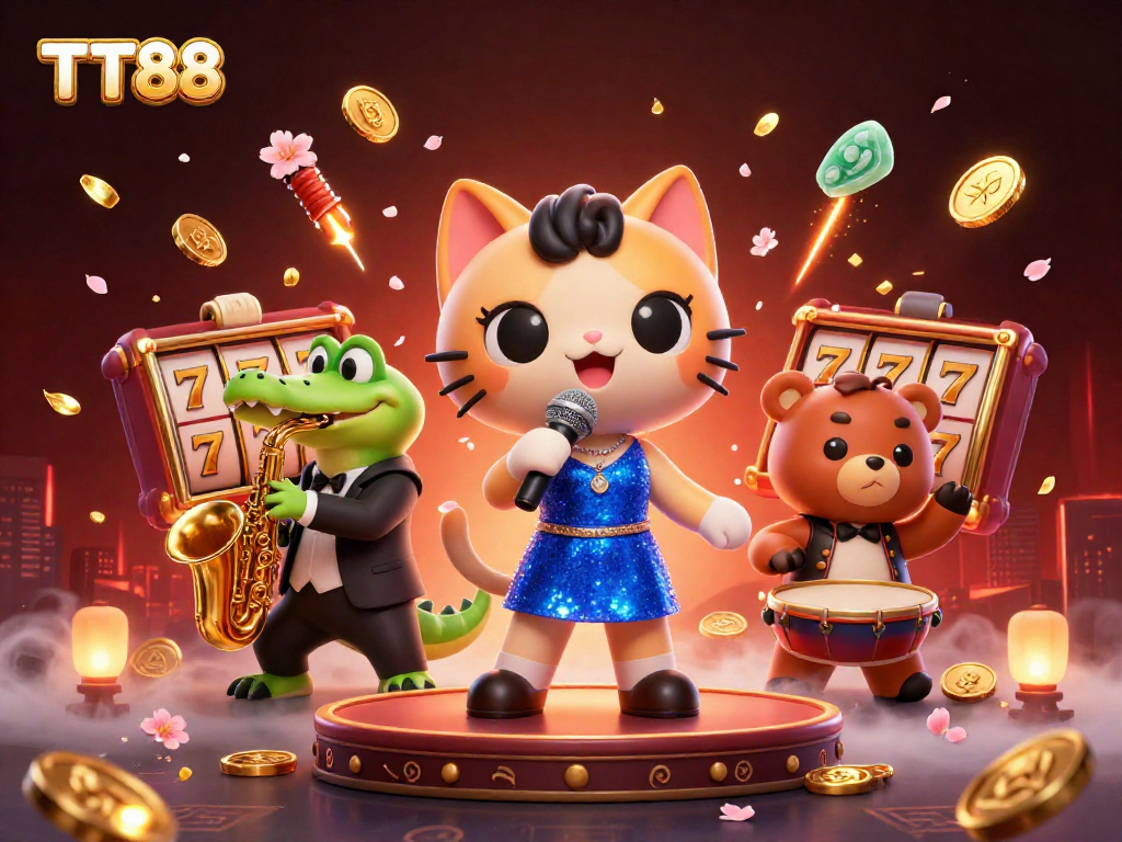 TT88 captivates players with a vibrant casino scene featuring a jazz-singer cat, crocodile musician, and bear drummer.