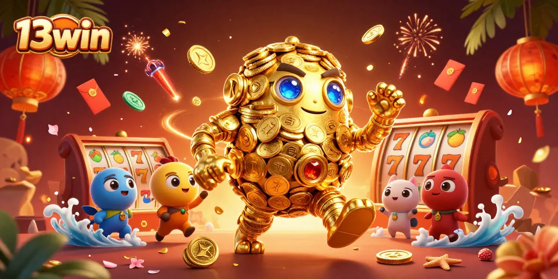 Join the fun at 13win with vibrant slot machines and a golden golem celebrating big wins!